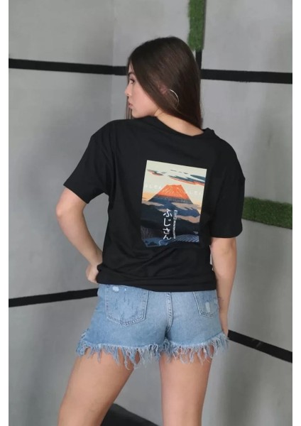 Unisex Bisiklet Yaka Baskılı Oversize T-Shirt - Siyah fiyatları