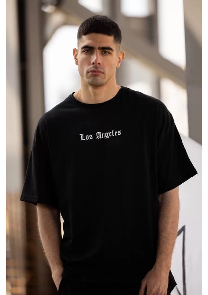 Unisex Bisiklet Yaka Baskılı Oversize T-Shirt - Siyah