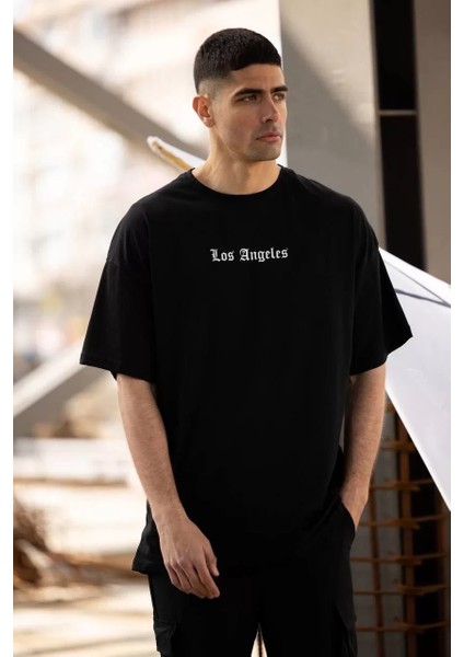 Unisex Bisiklet Yaka Baskılı Oversize T-Shirt - Siyah fiyatları