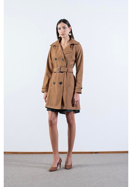 Pallaske Kruvaze Yaka Kuşaklı Cepli Trençkot Taba