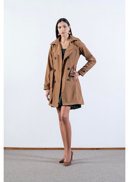 Pallaske Kruvaze Yaka Kuşaklı Cepli Trençkot Taba modelleri