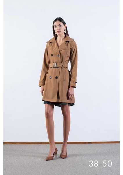 Pallaske Kruvaze Yaka Kuşaklı Cepli Trençkot Taba