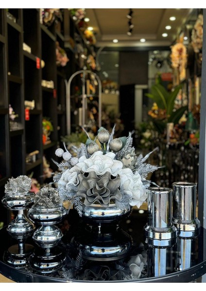 Yapay Çiçekli Gümüş Yassı Vazo 5 Parça Set No:1