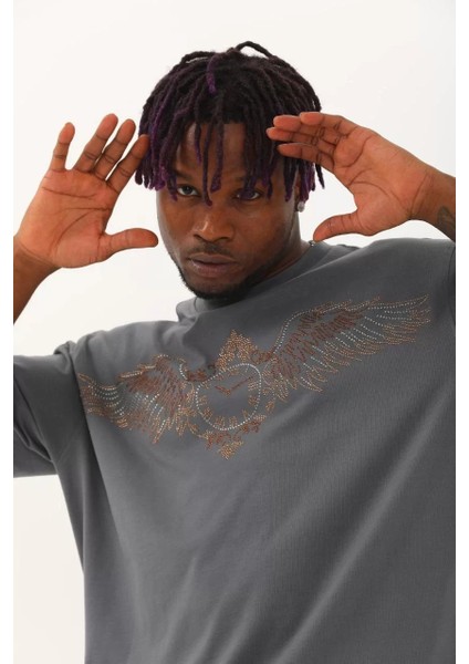 Unisex Oversize Taşlı Bisiklet Yaka T-Shirt - Füme fiyatları