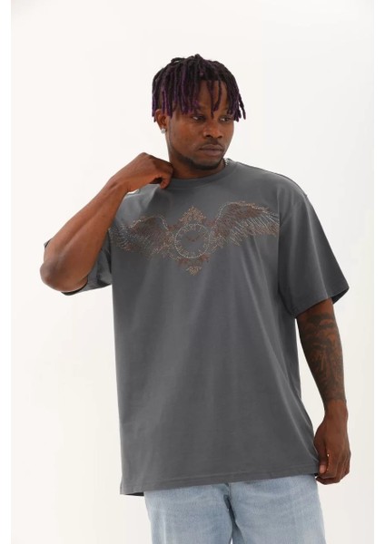 Unisex Oversize Taşlı Bisiklet Yaka T-Shirt - Füme fırsatları