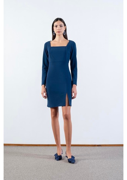 Oreonte U Yaka Yırtmaçlı Elbise Petrol