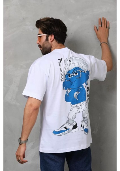 Unisex Bisiklet Yaka Baskılı Oversize T-Shirt - Beyaz modelleri