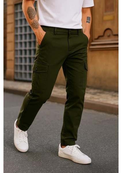 Erkek Bol Paça Trend Yüksek Bel Haki Kargo Pantolon