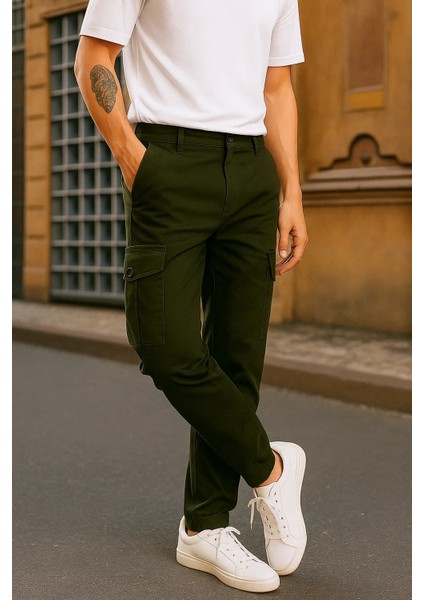 Erkek Bol Paça Trend Yüksek Bel Haki Kargo Pantolon modelleri