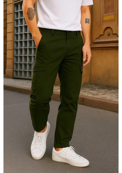 Erkek Bol Paça Trend Yüksek Bel Haki Kargo Pantolon fırsatları