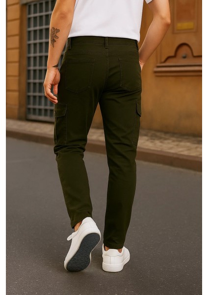 Erkek Bol Paça Trend Yüksek Bel Haki Kargo Pantolon