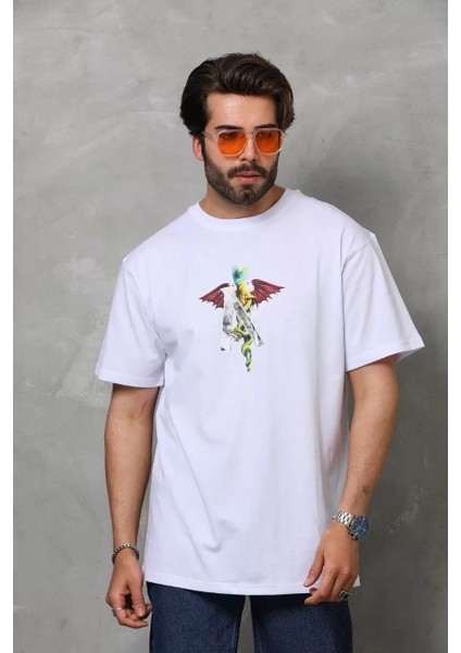 Unisex Bisiklet Yaka Baskılı Oversize T-Shirt - Beyaz modelleri