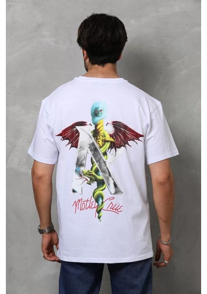 Unisex Bisiklet Yaka Baskılı Oversize T-Shirt - Beyaz indirimleri