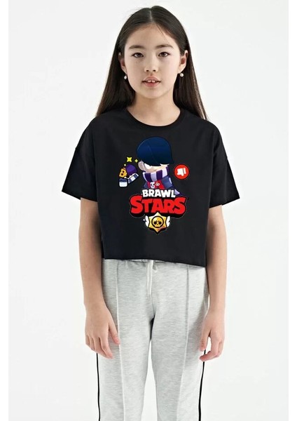 Unisex Bisiklet Yaka Kısa Kol Baskılı Çocuk T-Shirt - Siyah