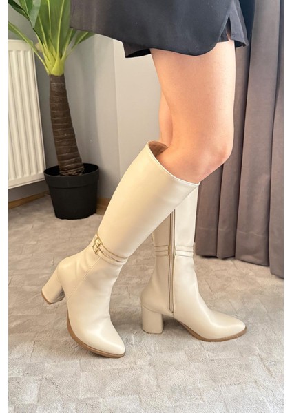 Kadın Mikeno Tokalı Yandan Fermuarlı Diz Altı Çizme Krem fiyatları