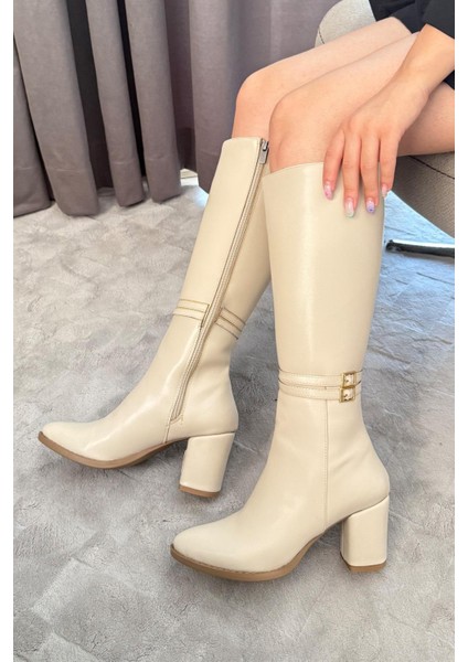 Kadın Mikeno Tokalı Yandan Fermuarlı Diz Altı Çizme Krem indirimleri