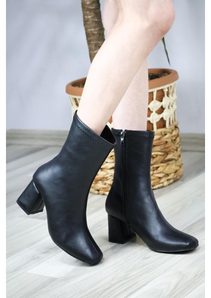 Kadın Siyah Cilt Lumos Küt Burun Topuklu Fermuarlı Bot Siyah Cilt