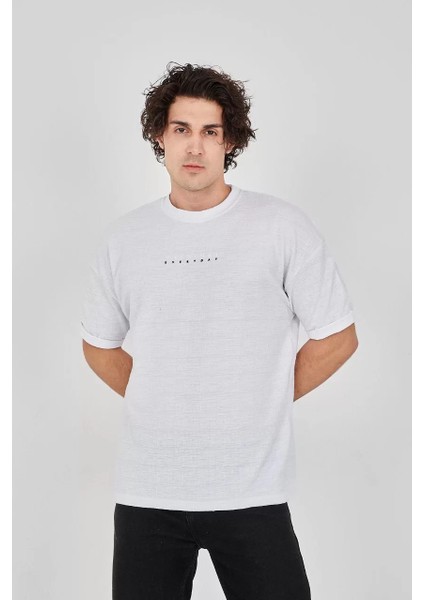 Unisex Jakar Kumaş Rahat Kol T-Shirt - Beyaz fiyatları