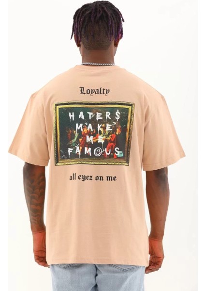 Unisex Oversize Baskılı Bisiklet Yaka T-Shirt - Bej indirimleri