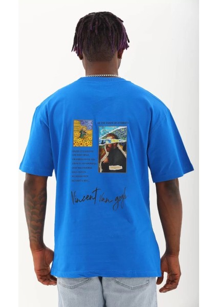 Unisex Oversize Baskılı Bisiklet Yaka T-Shirt - Mavi indirimleri