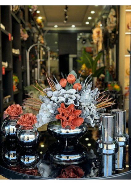 Yapay Çiçekli Gümüş Yassı Vazo 5 Parça Set No:5