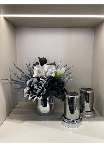 Yapay Çiçekli 3 Parça Set Gümüş No:2
