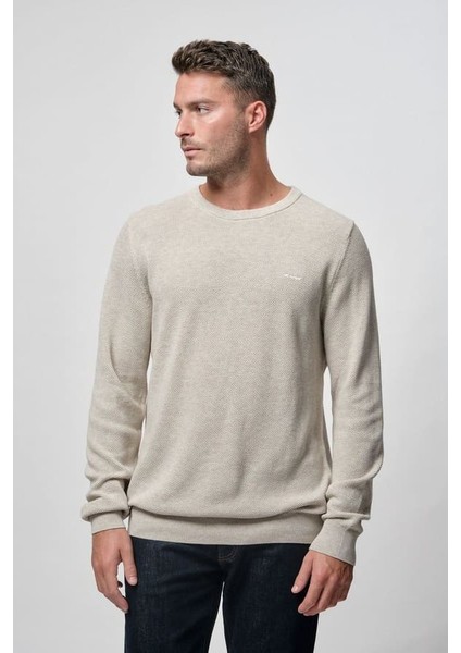 Erkek Regular Fit Dokulu Örgü Bisiklet Yaka Kazak - Bej