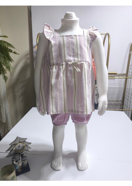 Kız Bebek Alt-Üst Şortlu Takım %100 Pamuk Müslin Tarz Tasarım Premium, Lila Şeftali
