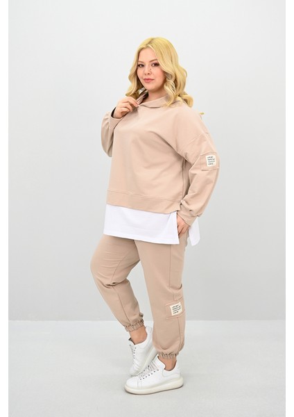 Kadın Büyük Beden Uzun Kollu Kapüşonlu Lastik Paça Eşofman Takımı 8180-25 (4253K) fırsatları