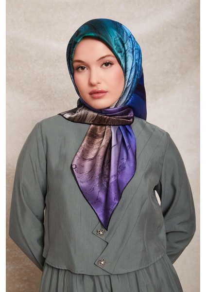 Mavi Karmaşık Desen Twill İpek Eşarp