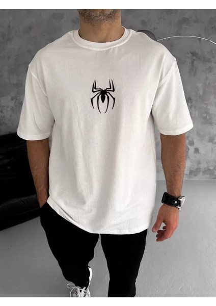 Unisex Bisiklet Yaka Baskılı Oversize T-Shirt - Beyaz