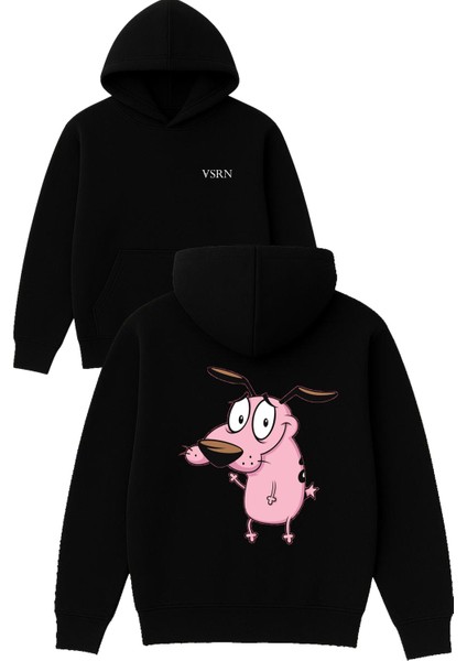 Pembe Tatlı Köpek Tasarım Baskılı Oversize Siyah Kapüşonlu Sweatshirt