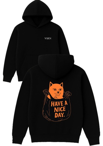 Have A Nice Day Tasarım Baskılı Oversize Siyah Kapüşonlu Sweatshirt