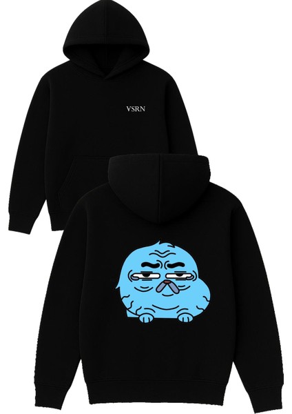 Kedi Mavi Tasarım Baskılı Oversize Siyah Kapüşonlu Sweatshirt