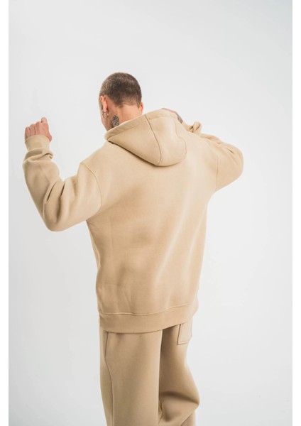 Unisex Double Oversize Kapşonlu Basic Sweatshirt - Bej fırsatları