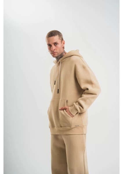 Unisex Double Oversize Kapşonlu Basic Sweatshirt - Bej indirimleri
