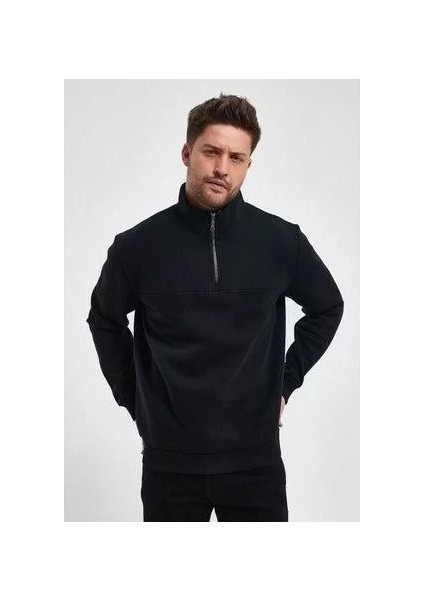 Oversize Yarım Farmuarlı Yakalı Basic Sweatshirt - Siyah