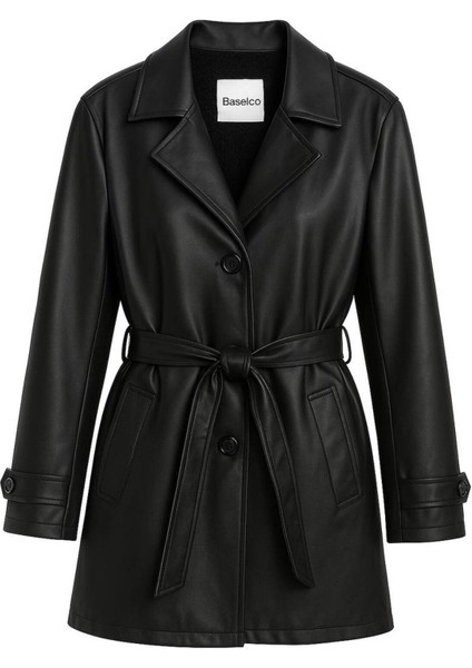 Premium Içi Kürklü Slim Fit Kuşaklı Deri Trençkot -Şık ve Sıcak Tasarım