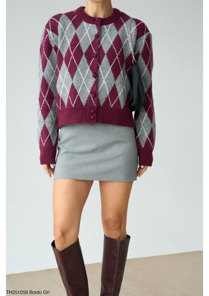 Baklava Desenli Bordo Gri Kalın Düğmeli Hırka