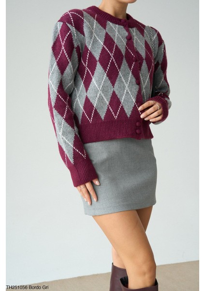 Baklava Desenli Bordo Gri Kalın Düğmeli Hırka modelleri