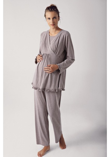 Kadın Uzun Kollu Esnek Pamuklu Kumaş Hamile Pijama Takımı 13201