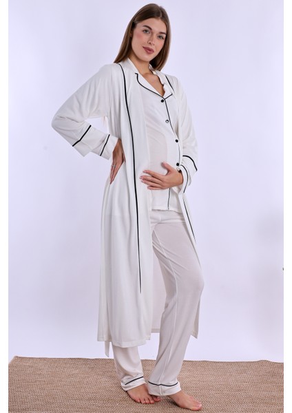 Ekru Sabahlıklı Hamile Lohusa Pijama Takımı