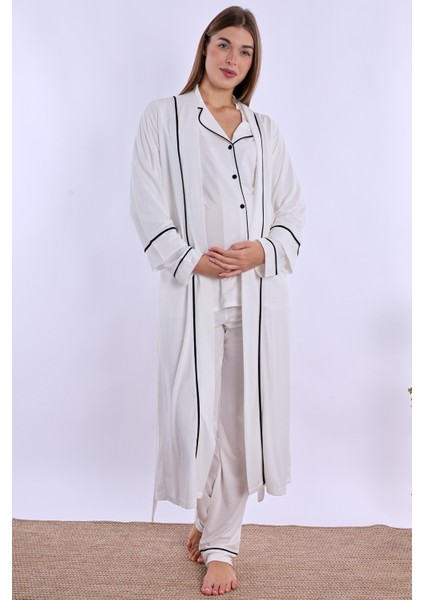 Ekru Sabahlıklı Hamile Lohusa Pijama Takımı