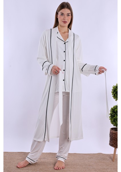 Ekru Sabahlıklı Hamile Lohusa Pijama Takımı