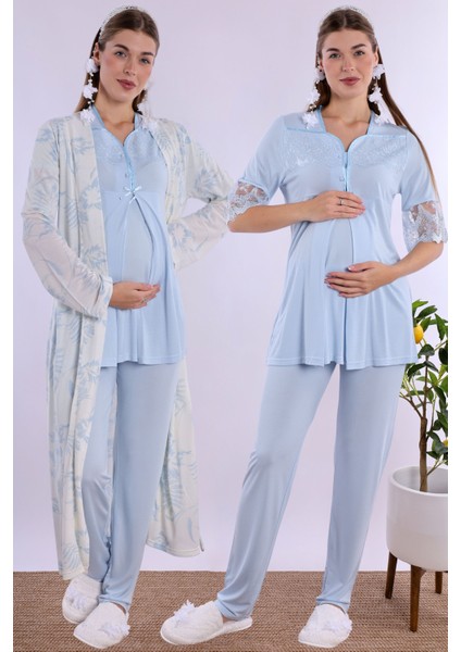 Mavi Sabahlıklı Hamile Lohusa Pijama Takımı