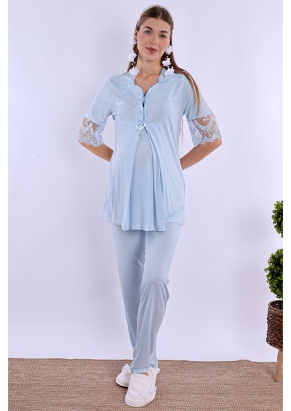 Mavi Sabahlıklı Hamile Lohusa Pijama Takımı fırsatları