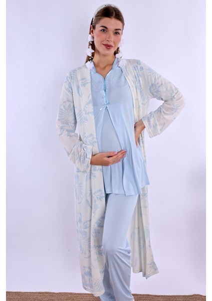 Mavi Sabahlıklı Hamile Lohusa Pijama Takımı