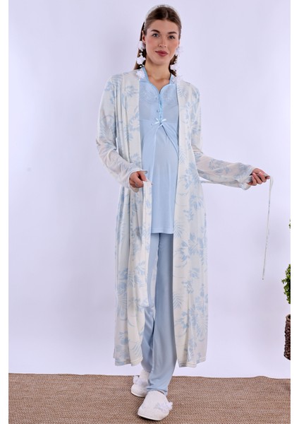 Mavi Sabahlıklı Hamile Lohusa Pijama Takımı