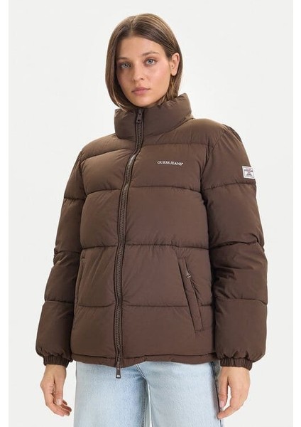 Kadın Tam Kalıp Dik Yaka Şişme Mont - Kahverengi