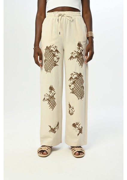 Kadın Beli Lastikli Bol Paça Nakışlı ve Inci Işlemeli Pantolon